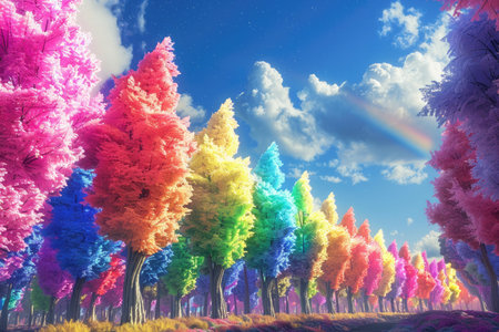 A picturesque depiction of a vibrant forest with trees in a rainbow of colors, set against a blue sky with fluffy white clouds.の素材