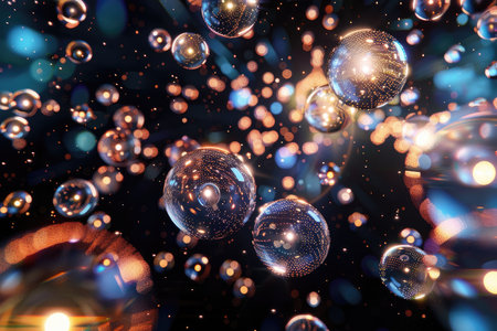 A digital illustration of a dark abstract background with glowing spheres and bokeh lights.の素材