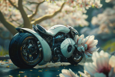 A white futuristic motorcycle with chrome accents rests amidst a bed of white blossoms.の素材