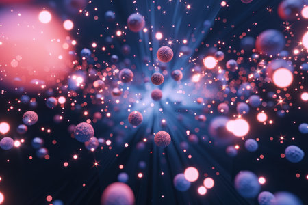 A digital rendering of abstract spheres with glowing surfaces, interspersed with light streaks, against a dark backdrop.の素材