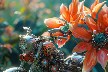 A close-up view of a chrome motorcycle with visible gears and engine details nestled in the heart of a cluster of large orange flowers.の素材