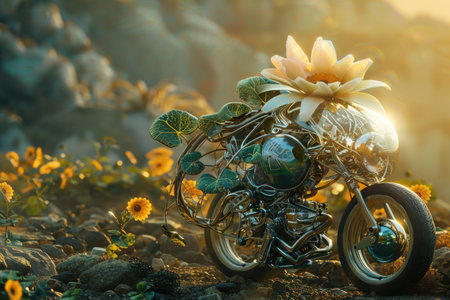 A chrome motorcycle with flower accents is parked in a sunny, natural setting.の素材