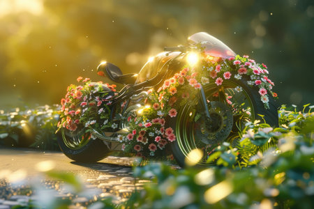 A black motorcycle is decorated with flowers in a sunny meadow, creating a surreal and whimsical scene.の素材