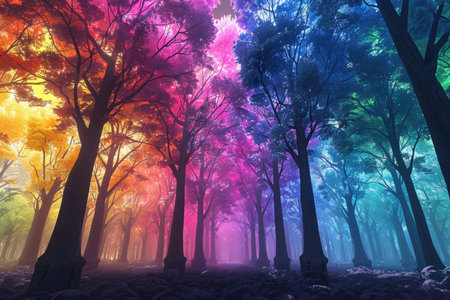 A digital illustration showcasing a mystical forest with trees in vibrant, ethereal colors, creating a dreamy and magical atmosphere.の素材