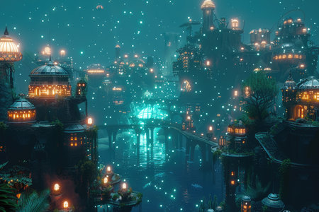 An image of a futuristic city illuminated by glowing lights and floating orbs, showcasing a mix of intricate architecture and nature.の素材