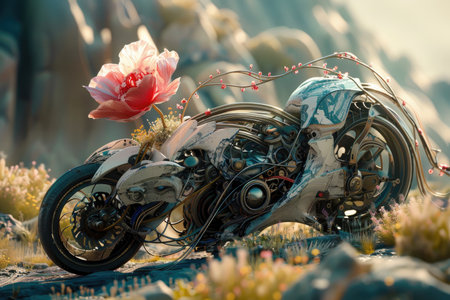 A futuristic motorcycle with a pink flower growing from its frame, parked on a rocky surface with grass and plants.の素材