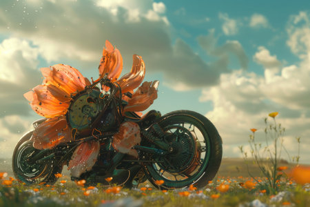 A digital artwork depicting a motorcycle transformed into a giant flower surrounded by smaller flowers and a blue sky with clouds.の素材