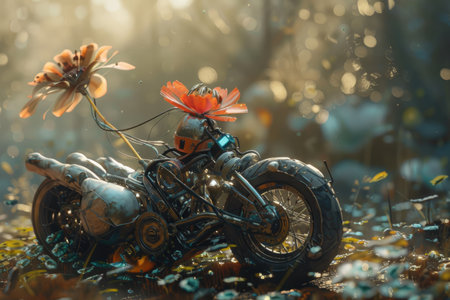 A steampunk motorcycle adorned with flowers sits in a sunlit forest clearing.の素材