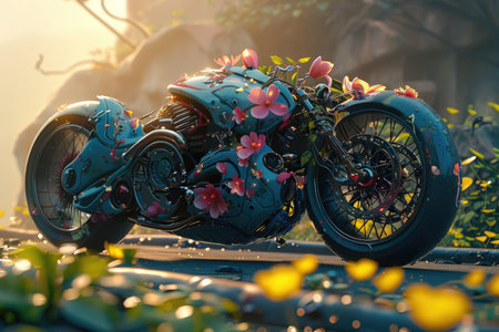 A close-up of a futuristic motorcycle with pink flowers adorning its chrome parts, against a blurred background.の素材