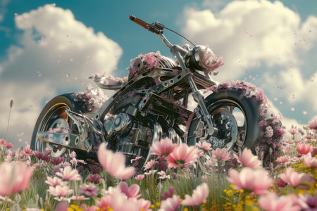 A metallic motorcycle with pink flowers growing on it, sitting in a field of flowers and grass against a blue sky.の素材