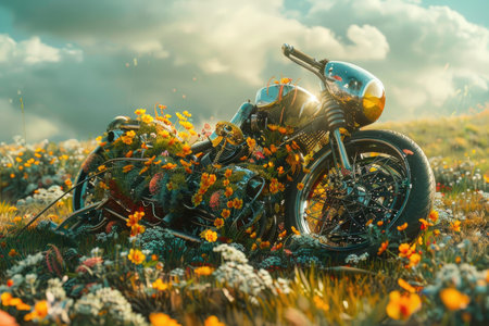 A chrome motorcycle is partially submerged in a field of vibrant yellow flowers.の素材