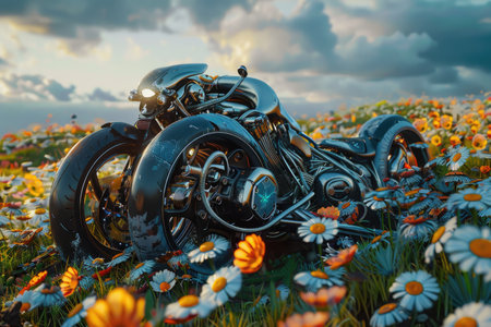 A futuristic motorcycle, chrome and detailed, rests in a field of white and yellow daisies at sunset.の素材