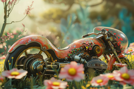 A rusty motorcycle sits amongst vibrant flowers in a lush garden.の素材