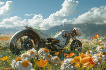 A futuristic motorcycle abandoned in a field of white daisies and orange wildflowers under a blue sky with white clouds.の素材