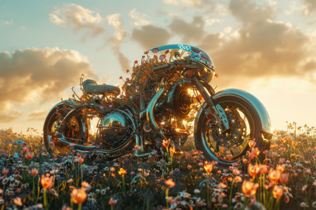 A chrome motorcycle is parked in a field of flowers, surrounded by a sunset sky.の素材