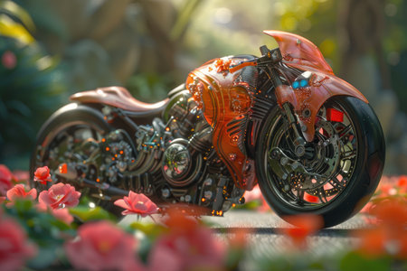 A close-up of a futuristic, orange motorcycle with chrome accents parked in a setting of pink flowers.の素材