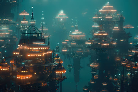 A digital illustration depicting a futuristic cityscape with numerous illuminated, floating structures against a dark teal backdrop.の素材