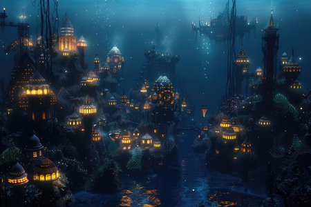 An underwater city filled with fantastical glowing towers and bridges, creating a magical and dreamlike atmosphere.の素材