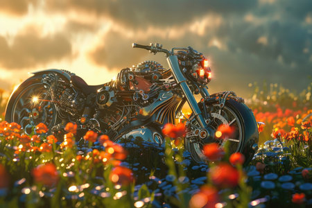 A highly detailed, chrome-plated futuristic motorcycle parked in a field of red flowers at sunset.の素材