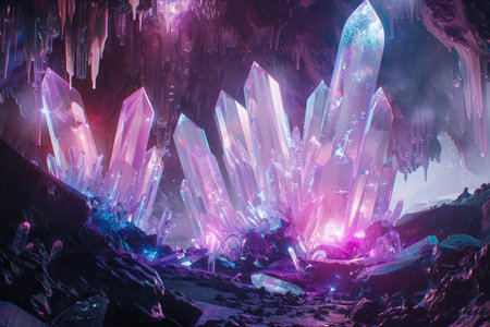 A view into a dark cave filled with glowing purple and blue iridescent crystals, creating a magical and ethereal atmosphere.の素材