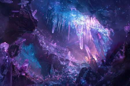 A surreal depiction of a crystal cave bathed in an otherworldly glow, showcasing intricate textures and vibrant colors.の素材