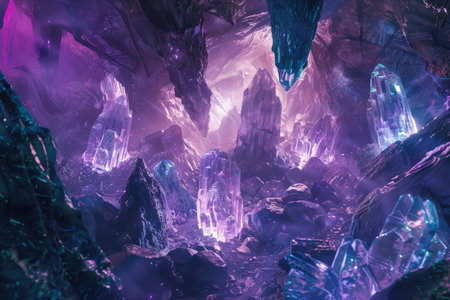 An otherworldly scene of a cave filled with glowing purple and blue crystals.の素材