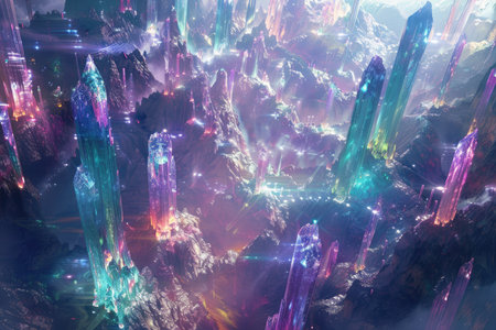 An abstract, dreamlike landscape featuring towering, iridescent crystal mountains that glow with vibrant colors.の素材