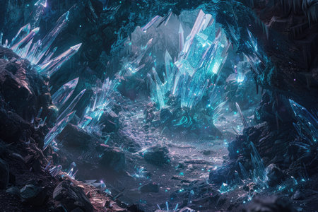 An image depicting a mystical cave filled with iridescent crystals, glowing with an ethereal light.の素材