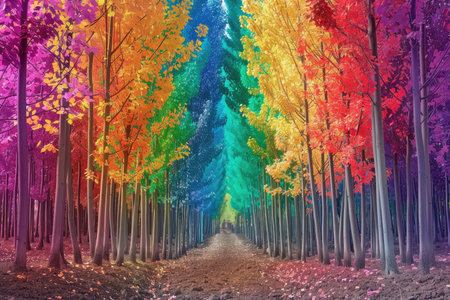 A path lined by trees with vibrant rainbow-colored leaves in a forest setting.の素材