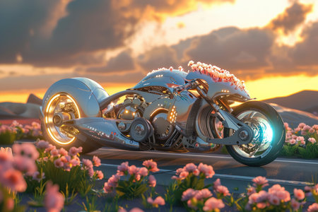 A futuristic motorcycle with pink flowers on its frame, parked on a road amidst a field of pink flowers at sunset.の素材