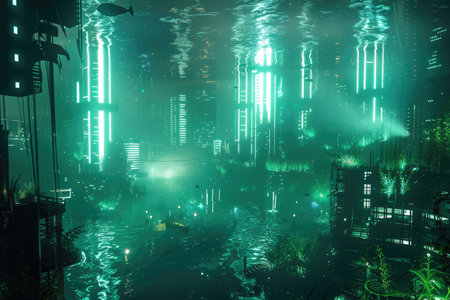 A digitally rendered image of a futuristic cityscape submerged underwater with glowing neon lights reflecting in the water.の素材