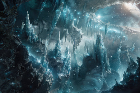Fantastic abstract scene with stalactites, stalagmites and stars.の素材