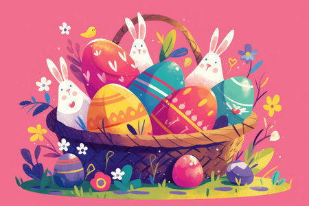 A whimsical illustration depicting easter bunnies and eggs in a wicker basket surrounded by spring flowers and foliage.の素材