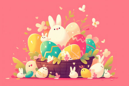 A whimsical illustration of Easter bunnies, eggs, and flowers in a basket.の素材