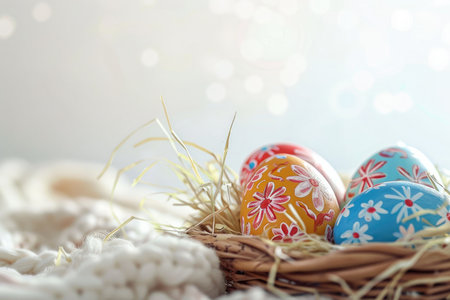 A close-up of three decorated Easter eggs resting in a woven nest with straw.の素材