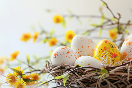 A close-up shot of decorated Easter eggs in a nest with yellow flowers.の素材