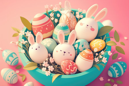 A teal bowl filled with colorful Easter eggs, cute bunny figures, and pink flowers on a pink background.の素材
