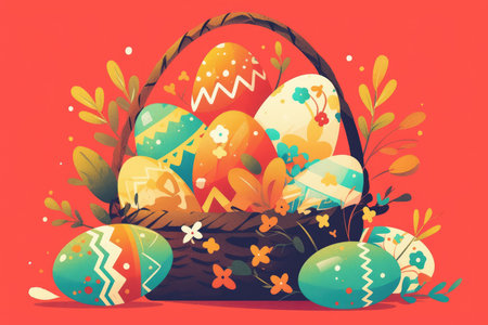 A basket overflowing with colorful Easter eggs and spring flowers on a red background.の素材