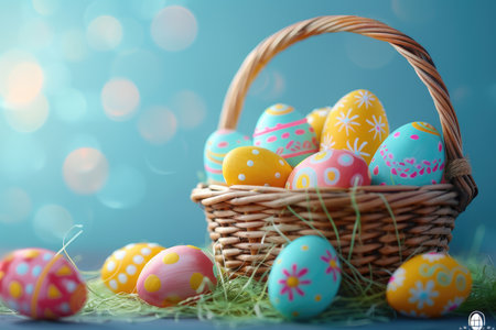 Colorful Easter eggs with floral and polka dot patterns in a wicker basket on a blue background with bokeh.の素材