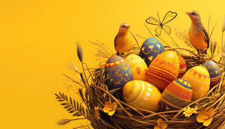 A bird&#39;s nest filled with colorful Easter eggs, two birds perched on the rim, and a butterfly above.の素材