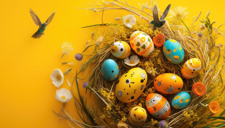 A collection of colorful, decorated Easter eggs nestled in straw with flowers and birds.の素材
