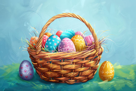 A wicker basket filled with colorful Easter eggs, against a blue background.の素材