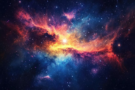 A vibrant nebula with various colors and shapes, surrounded by a field of stars in the vast expanse of space.の素材