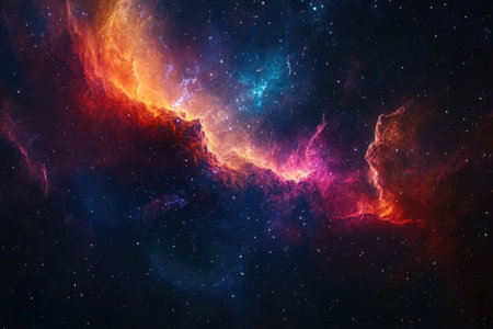 A colorful nebula with swirling clouds of gas and dust, surrounded by a starry background, representing a vast and mysterious cosmic landscape.の素材