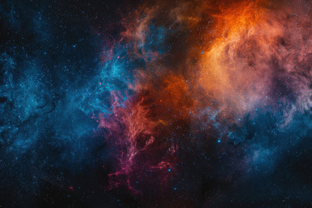 A close-up view of a star-filled night sky with swirling nebulae in vibrant shades of red, blue, and orange.の素材