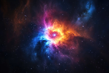 A vibrant cosmic nebula with swirling colors, surrounded by a starry background, representing the beauty and vastness of space.の素材