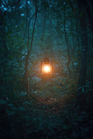 A lantern illuminates a dark forest path with its warm glow.の素材
