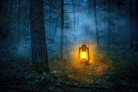 A lantern casting warm light in a misty forest at night.の素材