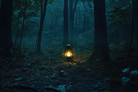 A single lantern casts a warm glow in a dark and foggy forest, creating a sense of mystery and isolation.の素材