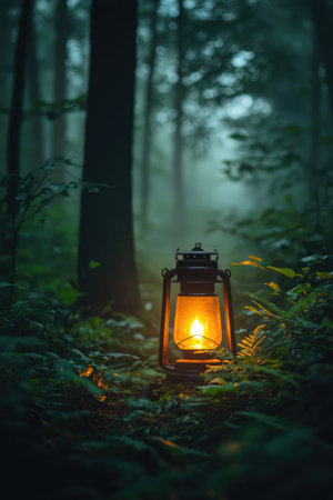 A solitary lantern casting a warm glow in a misty forest setting.の素材